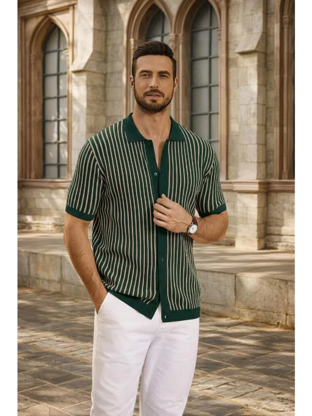 Vintage Striped Short Sleeve Knit Polo Shirt for Men | Casual Button Down Top